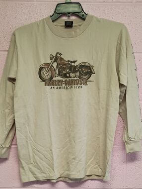 Harley-Davidson Men's Long Sleeve Shirt - Light Beige with Motorcycle Graphic